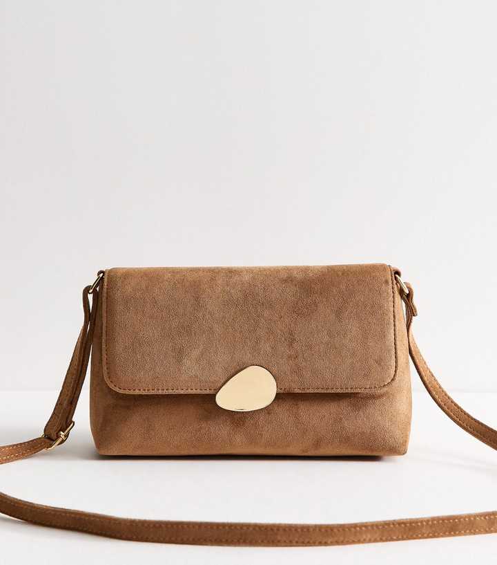 Tan Faux Suede Pebble Clasp Crossbody Bag