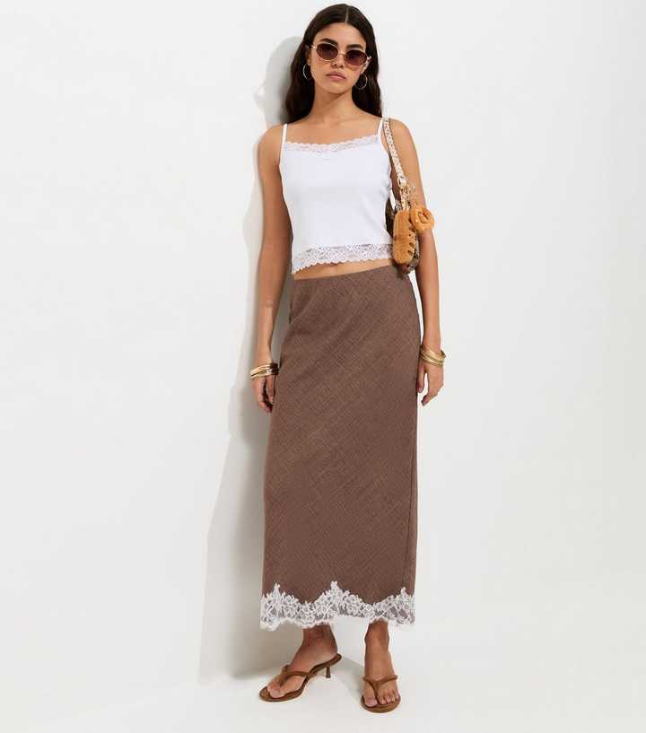 Dark Brown Lace Trim Woven Midi Pencil Skirt