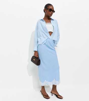 Light Blue Lace Trim Woven Midi Pencil Skirt