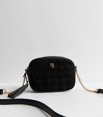 Black Faux Leather Woven Panel Crossbody Bag