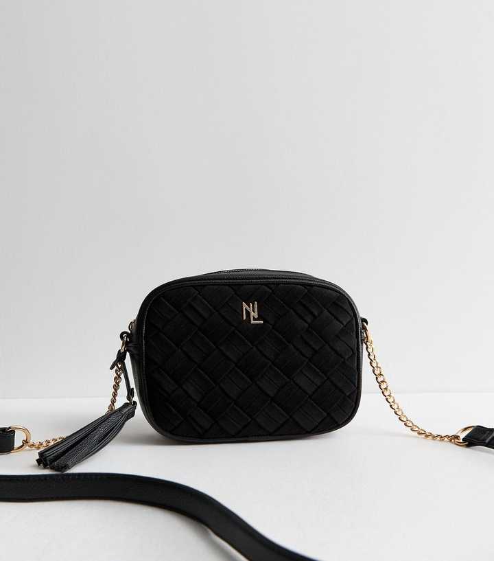 Black Faux Leather Woven Panel Crossbody Bag
