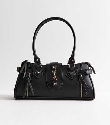 Black Faux Leather Dog Clip Detail Shoulder Bag