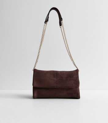 Dark Brown Faux Suede Quilted Stitch Front Crossbody Bag