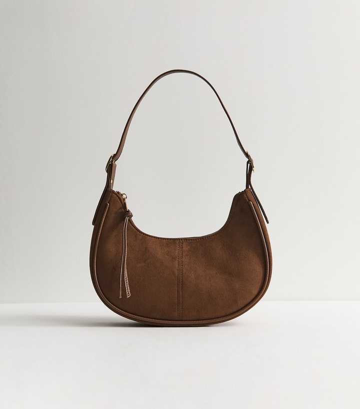 Tan Faux Suede Curved Base Oval Shoulder Bag