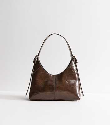 Dark Brown Faux Leather Crocodile Embossed Buckle Shoulder Bag