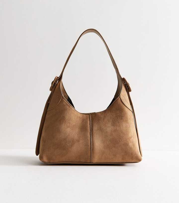 Camel Faux Suede Buckle Strap Shoulder Bag
