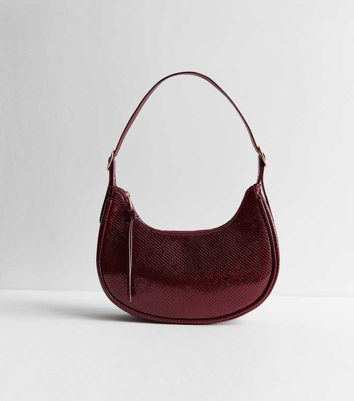Dark Burgundy Faux Leather Scoop Snakeskin Effect Shoulder Bag