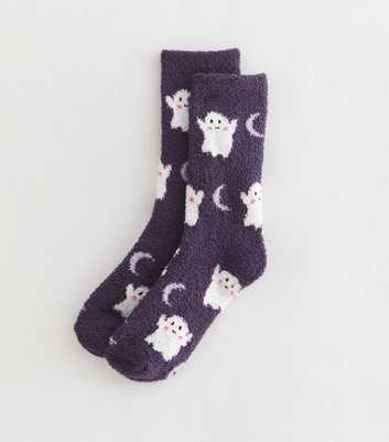 Purple Ghost Crescent Moon Halloween  Cosy Knit Ankle Socks