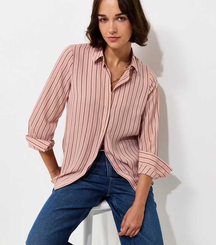 Pink Striped Concealed Button Long Sleeve Shirt