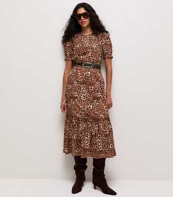 Brown Crepe Leopard Print Short Sleeve Midi Dress
