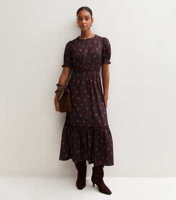 Burgundy Ditsy Floral Puff Sleeve Midi Dress