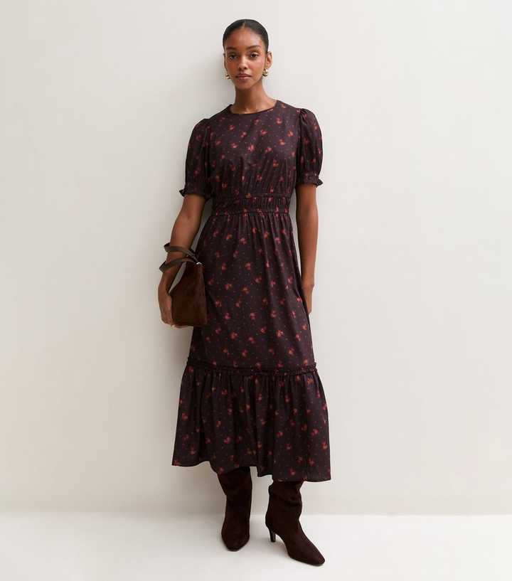 Burgundy Ditsy Floral Puff Sleeve Midi Dress