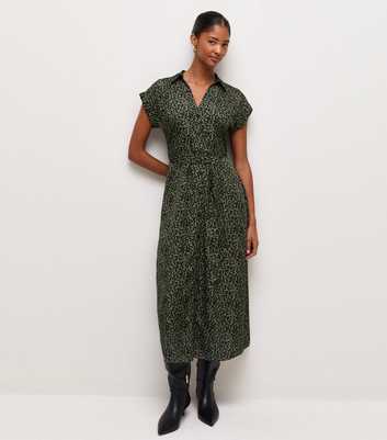 Green Patterned Crepe Short Sleeve Midi Dress