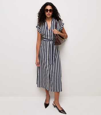 Navy and White Crepe Stripe Collar Short Sleeve Midi Dress