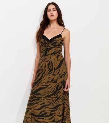 Brown Tiger Print Lace Trim Midi Dress