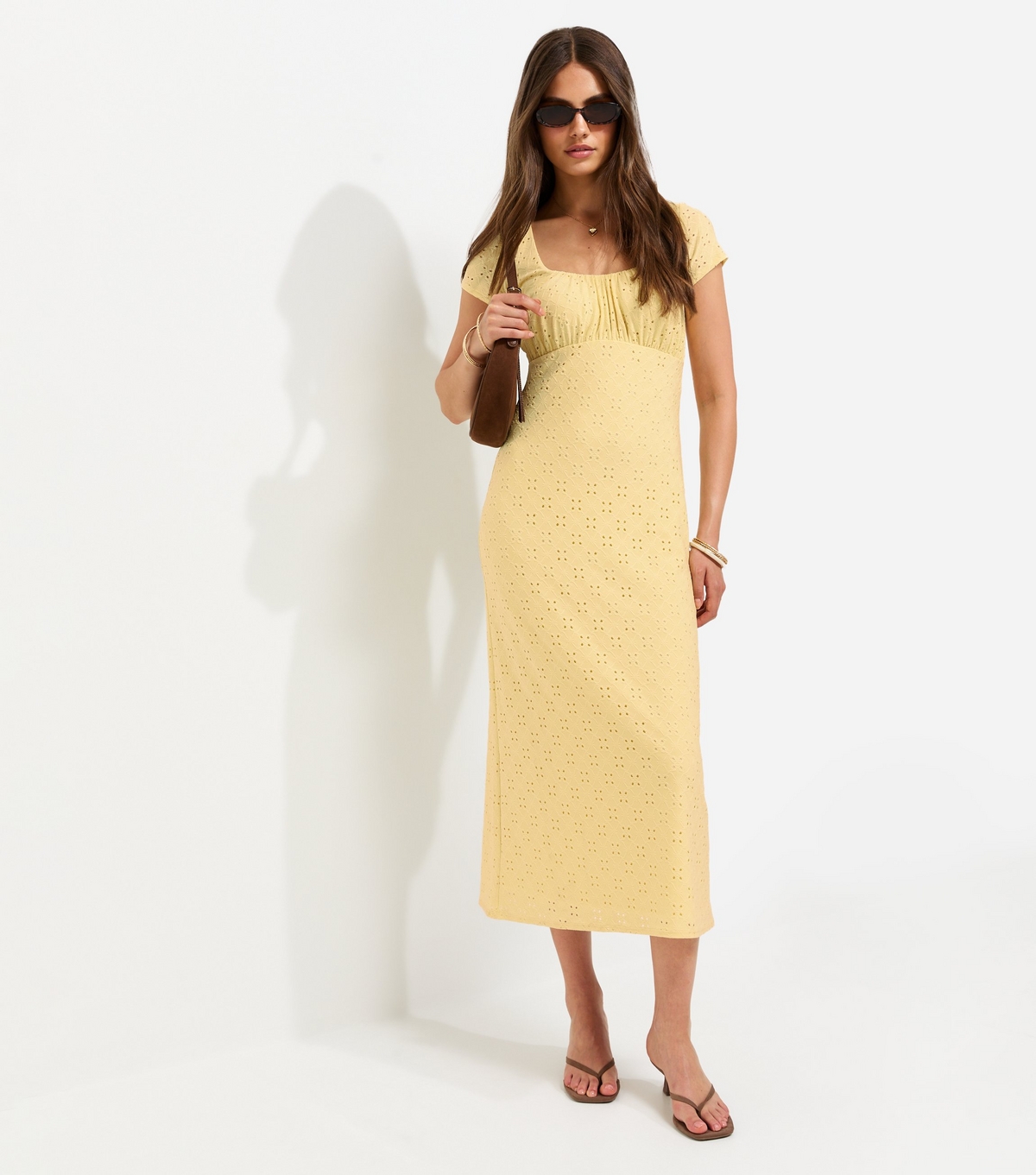 Women's Light Yellow Broderie Anglaise Jersey Milkmaid Midi Dress New Look