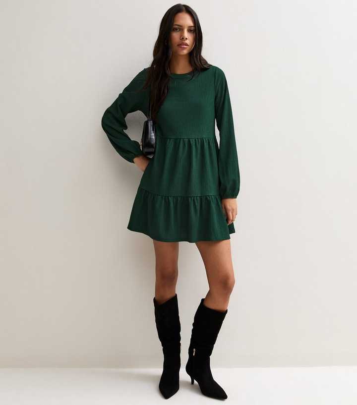 Dark Green Crinkled Long Sleeve Smock Mini Dress