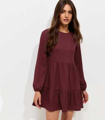 Dark Burgundy Crinkled Long Sleeve Smock Mini Dress