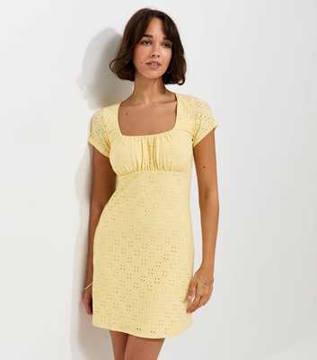 Light Yellow Broderie Anglaise Ruched Bodice Mini Dress
