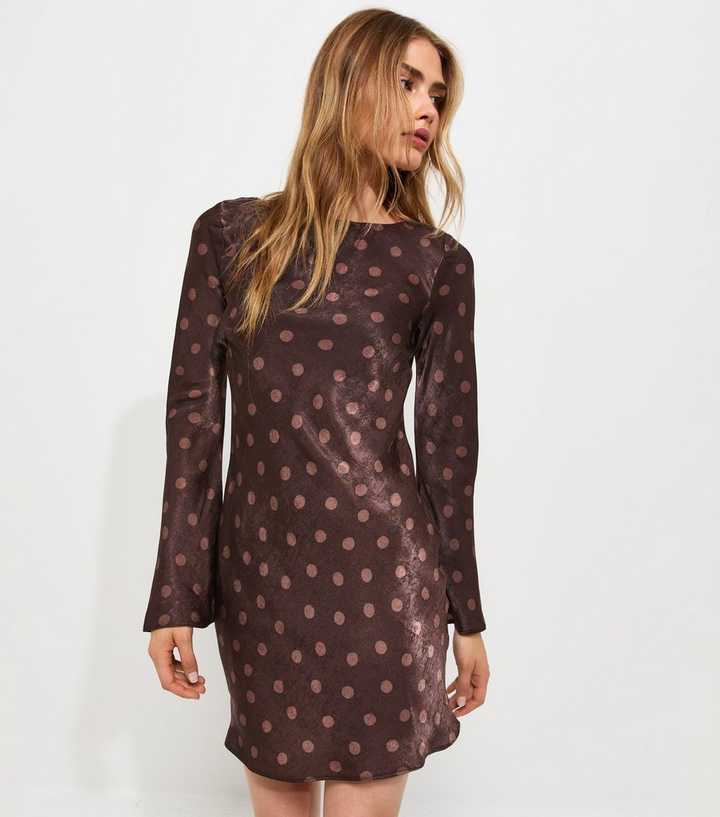 Brown Satin Long Sleeve Spot Mini Dress