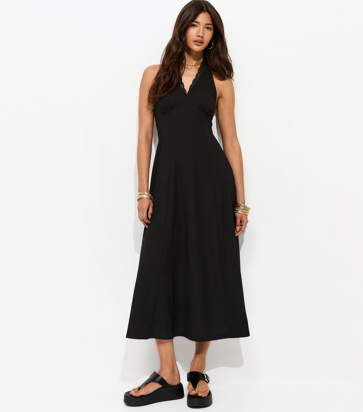 Women's Black Crinkle Texture Halter V Neck Lace Midi Dress New Look