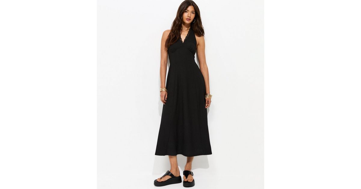 Black Crinkle Texture Halter V Neck Lace Midi Dress | New Look