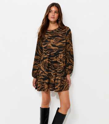 Brown Textured Tiger Print Long Sleeve Mini Dress
