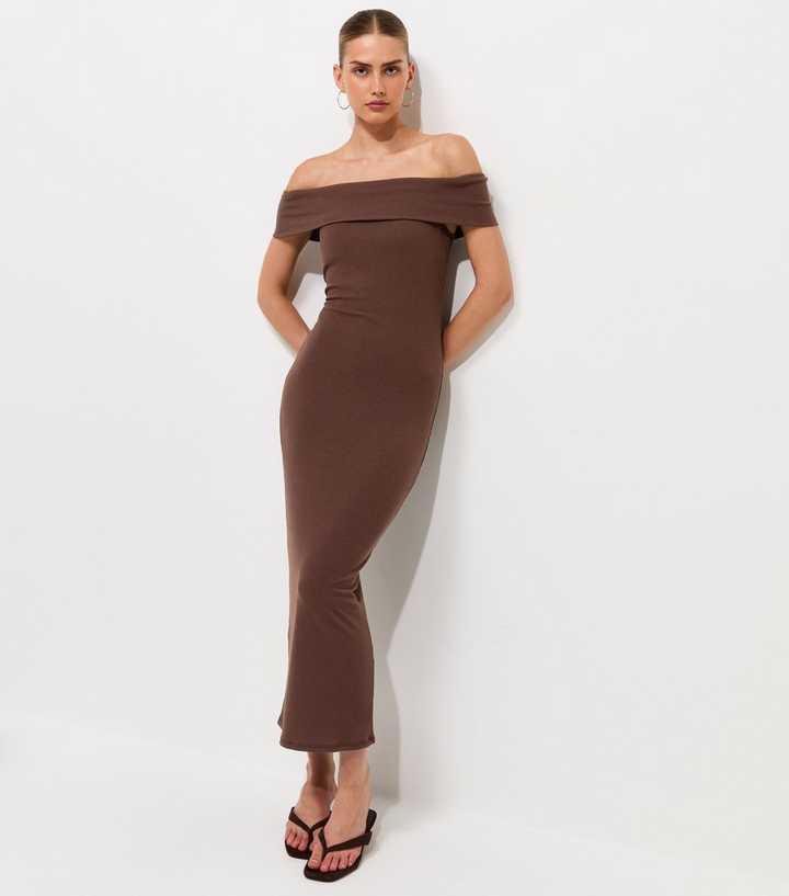 Dark Brown Off Shoulder Bardot Midi Dress