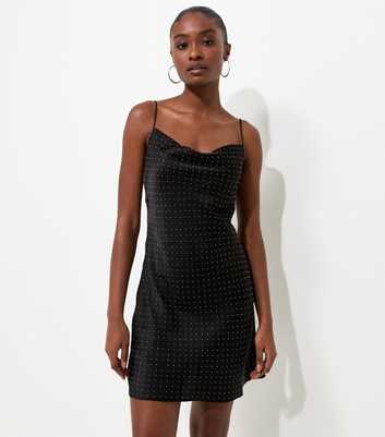 Black Satin Gem Embellished Cowl Neck Mini Dress