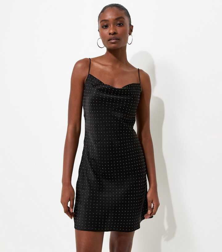 Black Satin Gem Embellished Cowl Neck Mini Dress