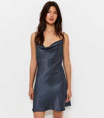 Navy Satin Gem Embellished Cowl Neck Mini Dress