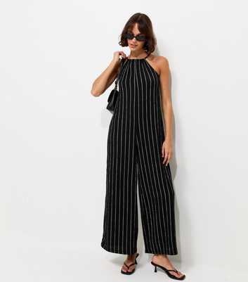 Black Crinkle Texture Striped Halter Neck Jumpsuit