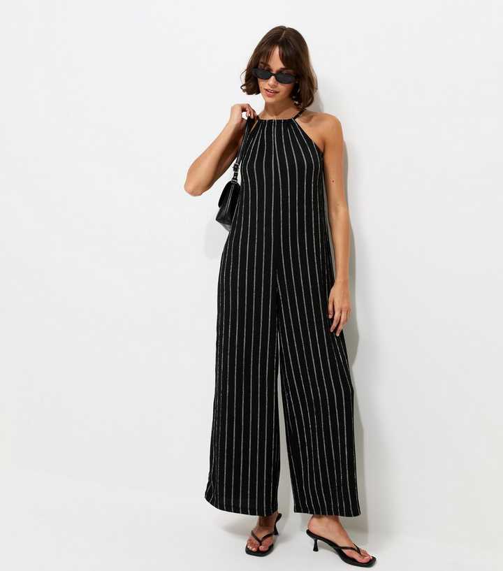 Black Crinkle Texture Striped Halter Neck Jumpsuit