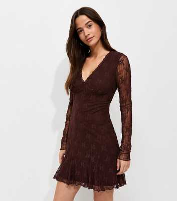 Dark Brown FloralV Lace V-Neck Long Sleeve Mini Dress