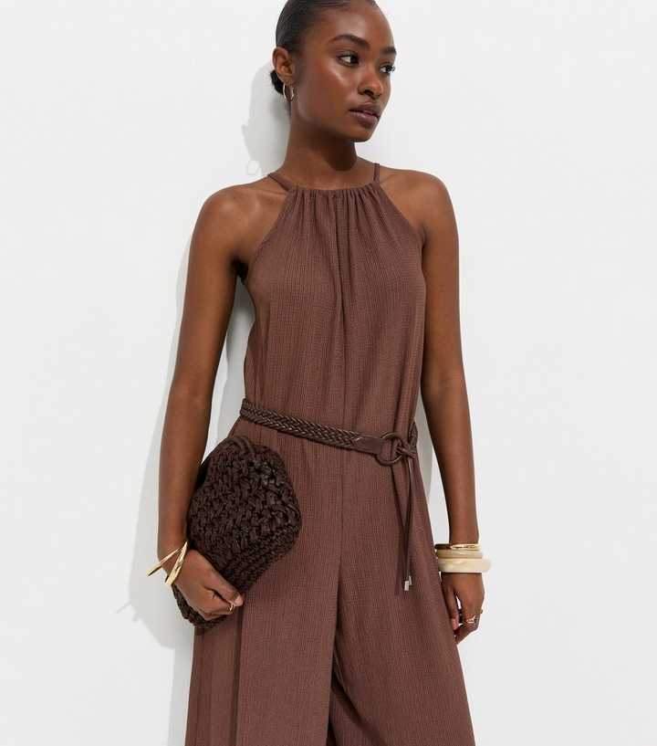 Dark Brown Crinkle Texture Halter Neck Jumpsuit