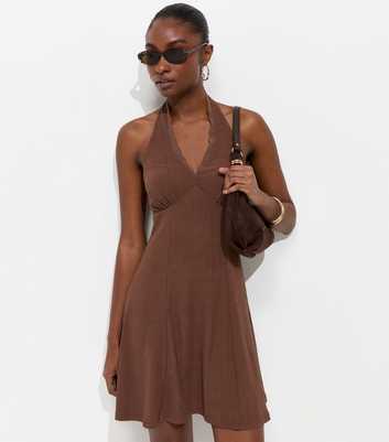 Dark Brown Lace Trim Halter Neck Mini Dress