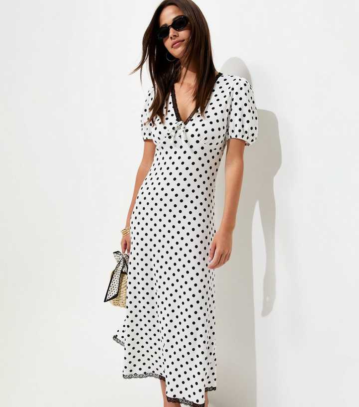 Cream Polka Dot Short Sleeve Midi Dress