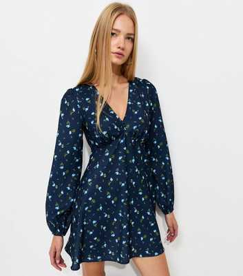 Blue Ditsy Print Long Sleeve Mini Dress