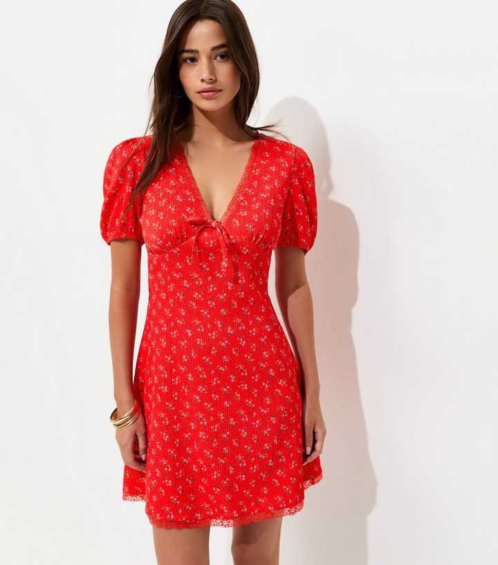 Red Ditsy Floral Short Sleeve Mini Dress