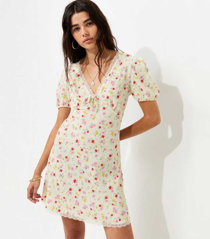 Cream Floral Lace Trim Short Sleeve Mini Dress