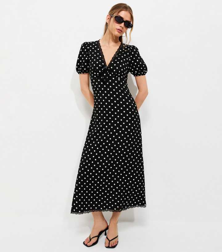 Black Polka Dot Lave Trim Short Sleeve Midi Dress