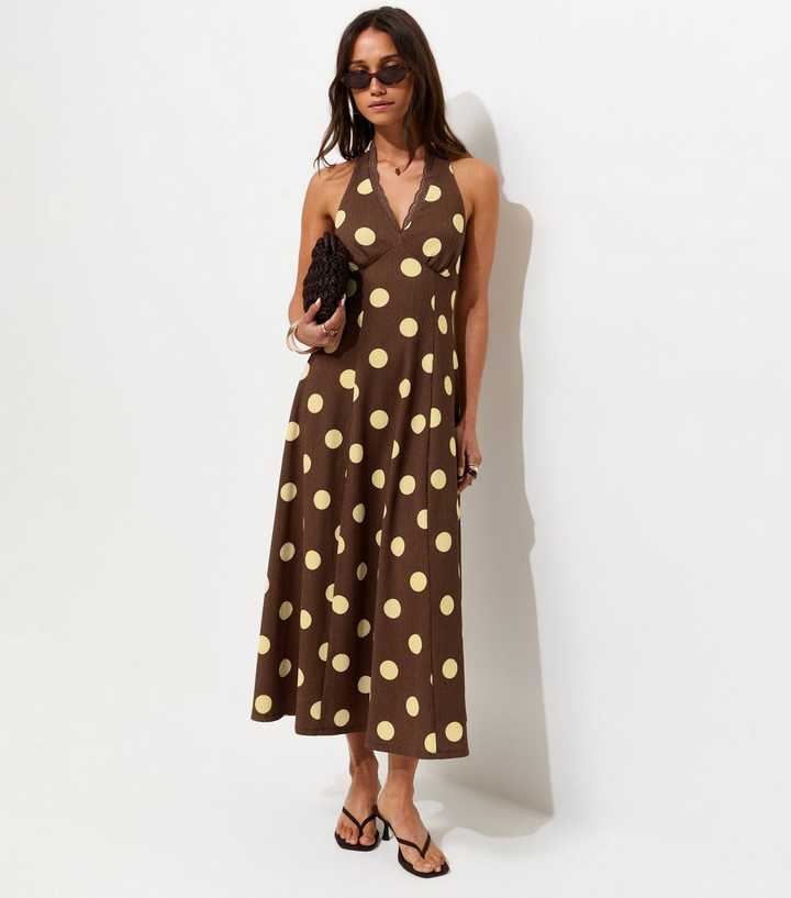 Dark Brown Polka Dot Halter Neck Midi Dress