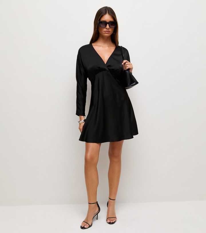 Black Satin V-Neck Mini Dress