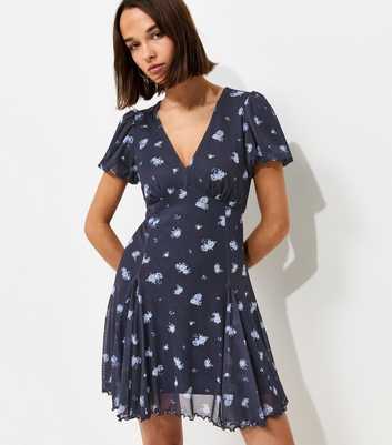 Blue Ditsy Print V Neck Mesh Mini Dress