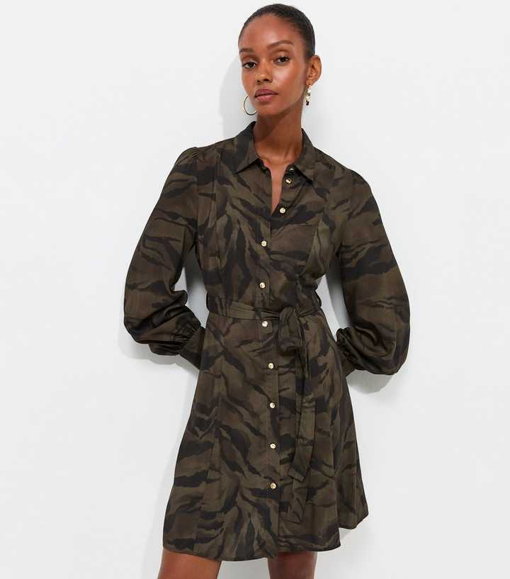 Green Woven Abstract Print Mini Shirt Dress