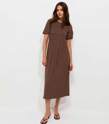 Dark Brown Shirred Bodice Textured Midi Dress