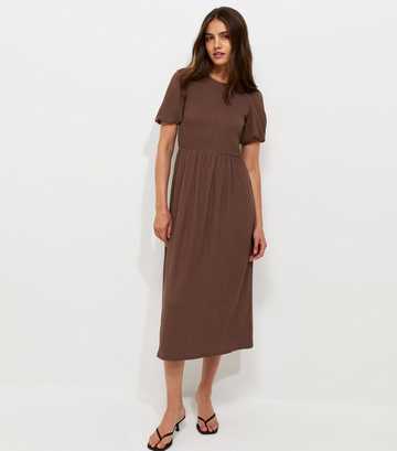 Dark Brown Shirred Bodice Textured Midi Dress