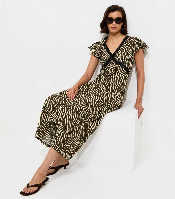 Brown Zebra Print Flutter Sleeve Midi Dress