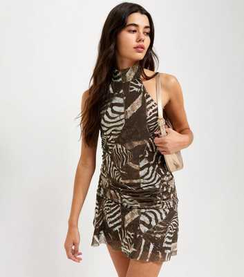 Brown Mesh Animal Print Ruched Halterneck Mini Dress