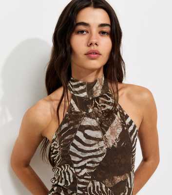 Brown Mesh Animal Print Ruched Halterneck Mini Dress
